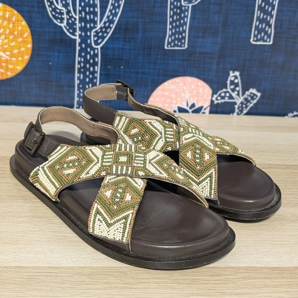 Free People Leather Mali Beaded Slip On Cross Straps Sandals Multi Size 8
